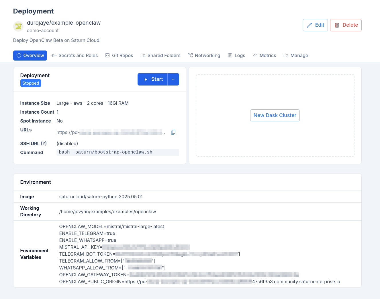 OpenClaw deployment start button