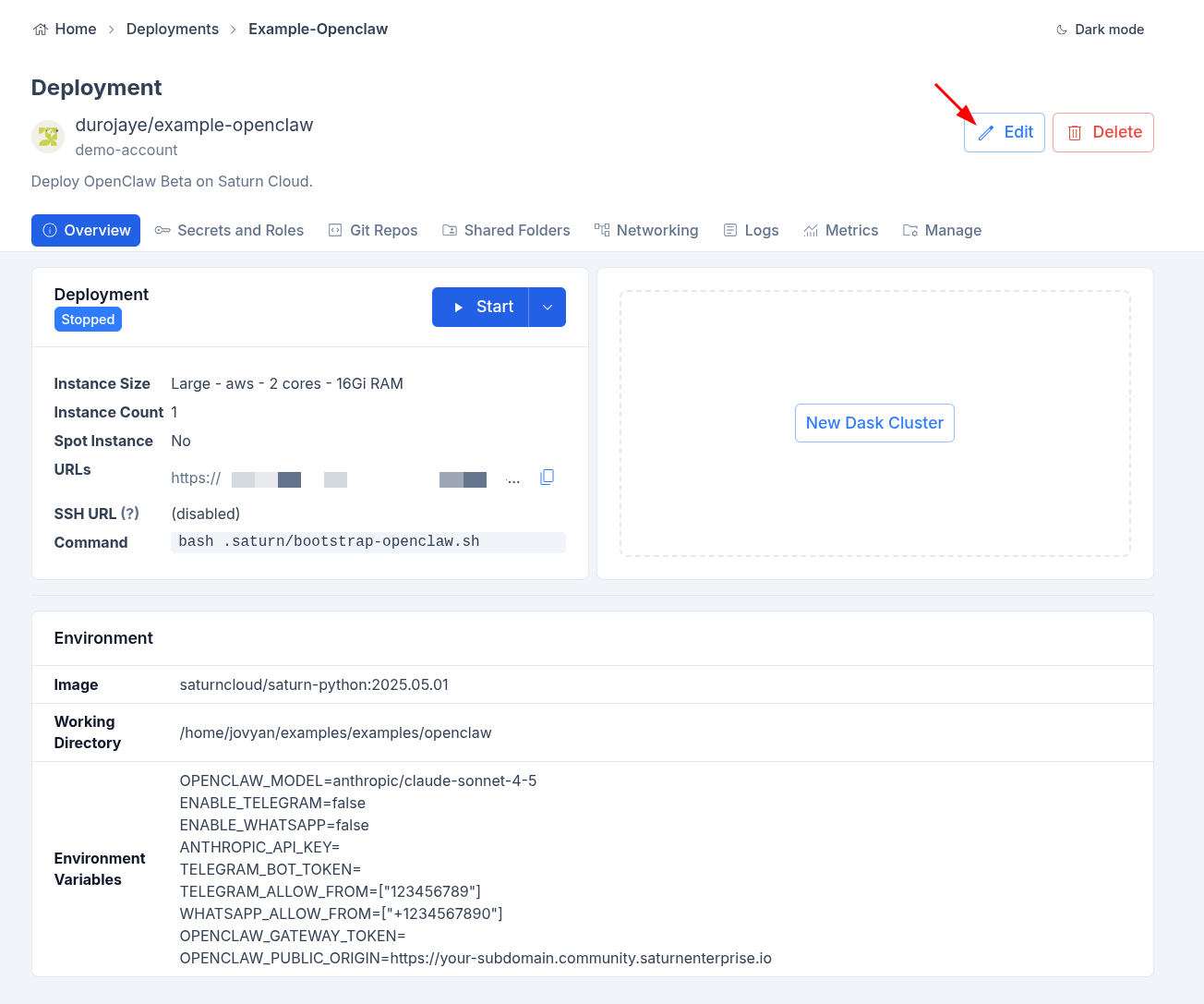 OpenClaw deployment edit button