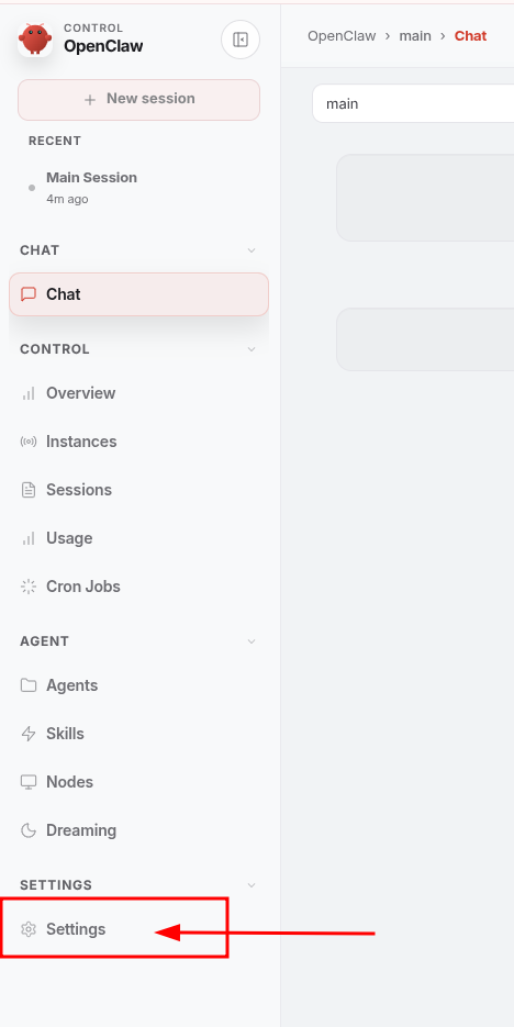 OpenClaw settings navigation