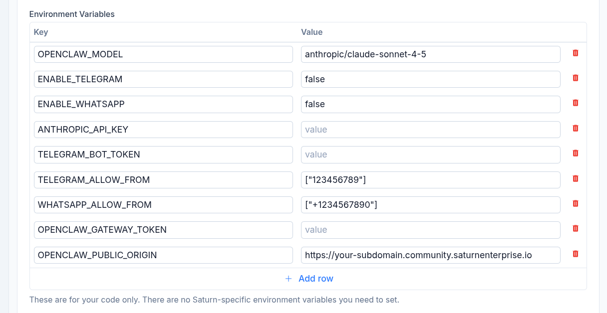 OpenClaw template default environment variables