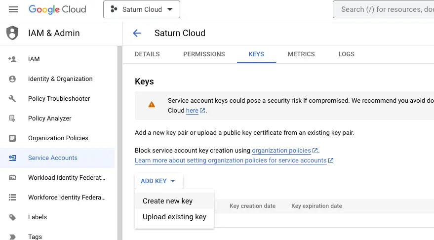 Keys Tab Google Cloud