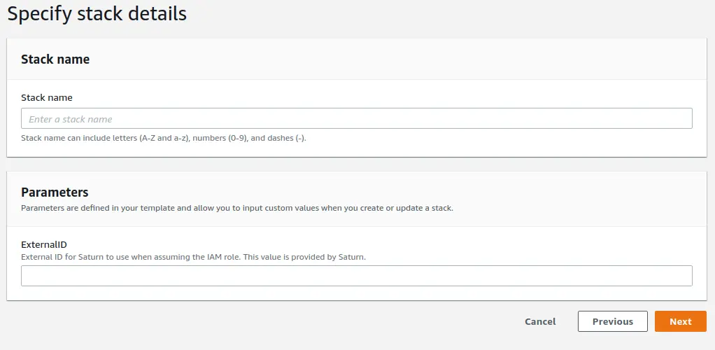 Screenshot of AWS Console showing Create Stack form, with Stack Name and Parameters shown