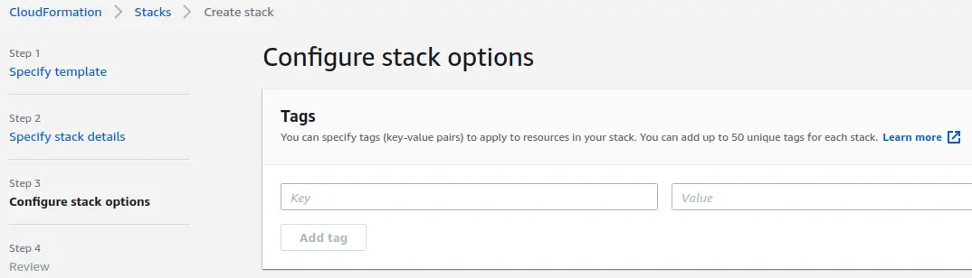 Screenshot of AWS Console showing Configure Stack Options