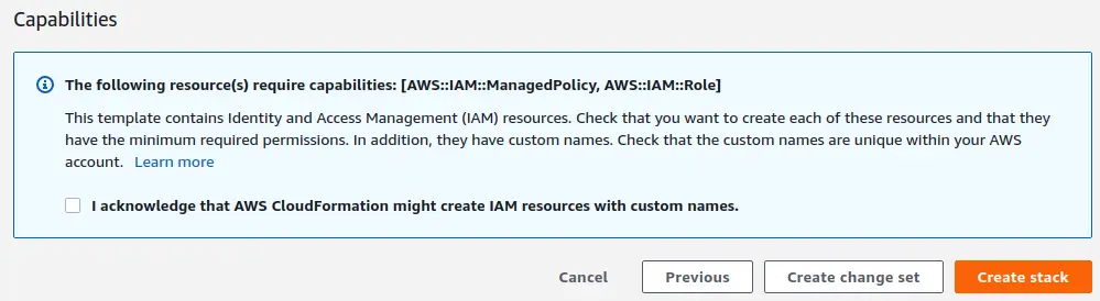 Screenshot of AWS Console showing warning displayed before Create Stack can be selected