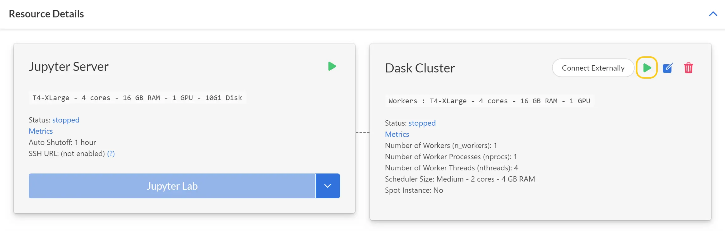 Cluster card in Project page of Saturn Cloud UI