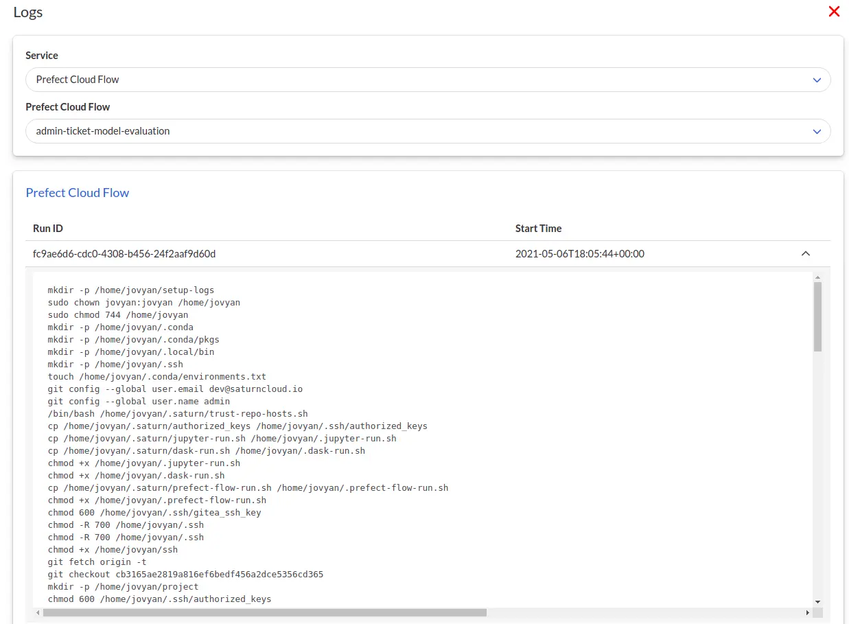 View of the logs from a Prefect Cloud flow run, shown in the Saturn product