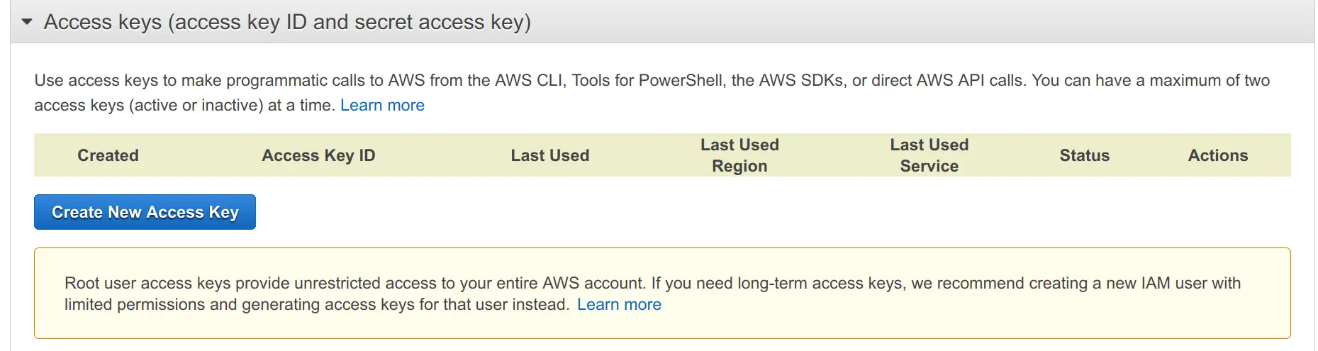 Screenshot of AWS management console Access Keys page