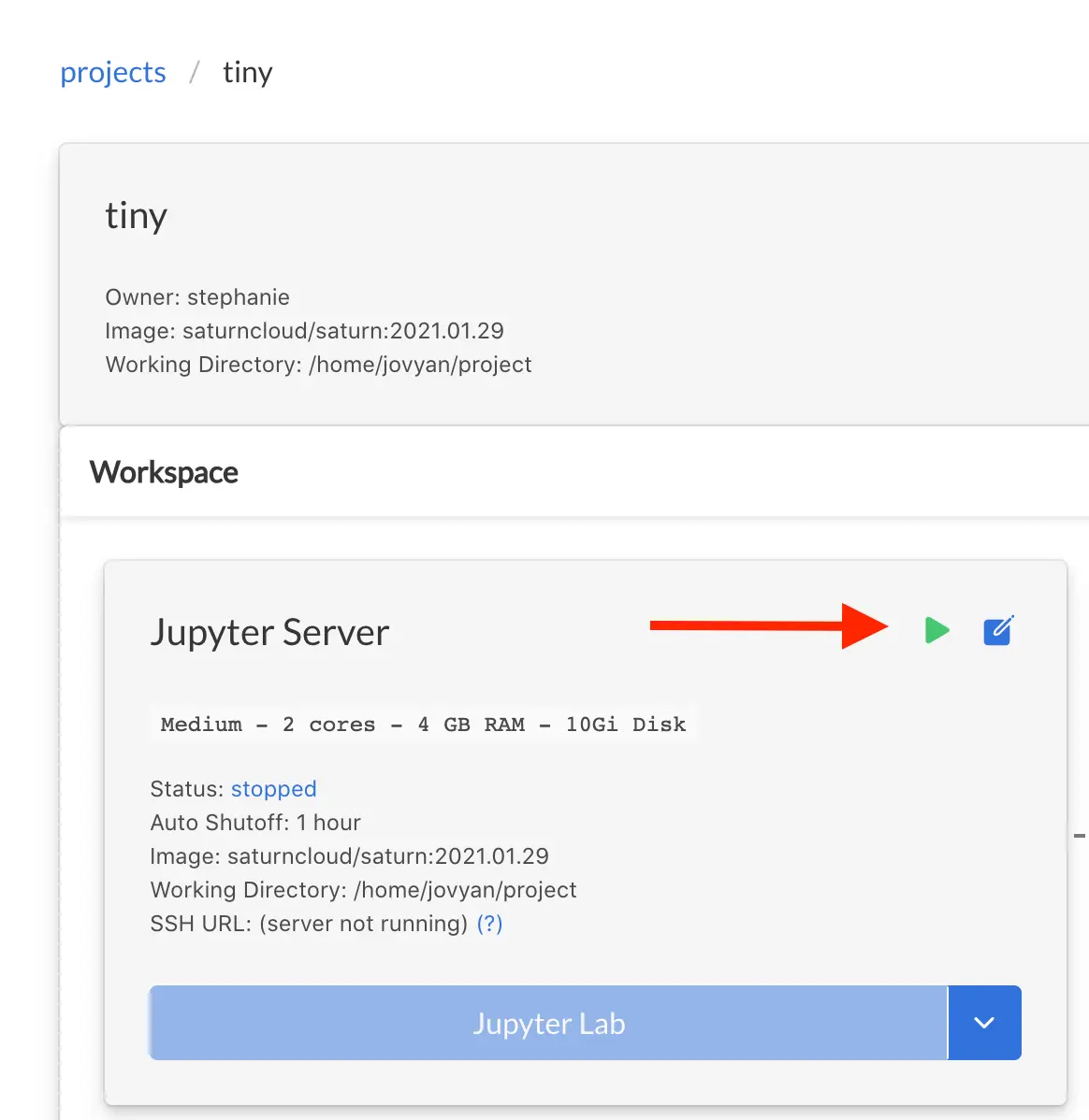 Screenshot of card in resource for Jupyter server with green 'start' button