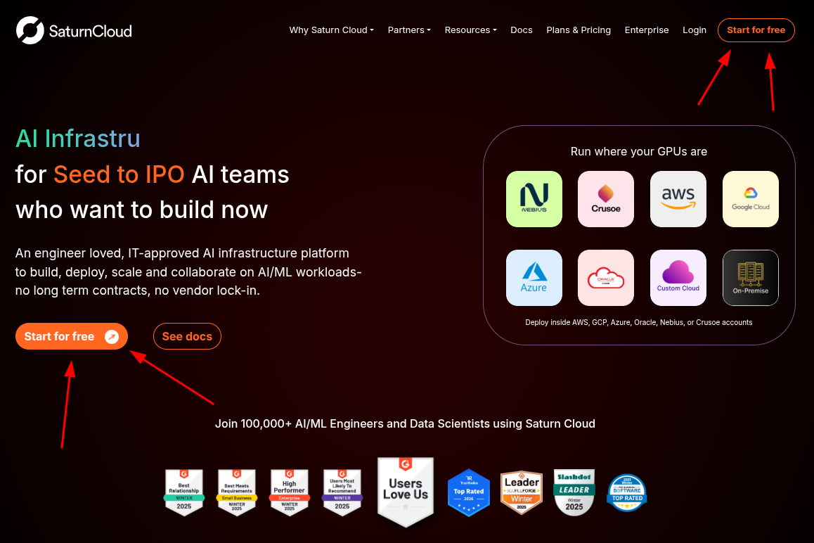 Saturn Cloud homepage with arrows pointing to &ldquo;Start for Free&rdquo;